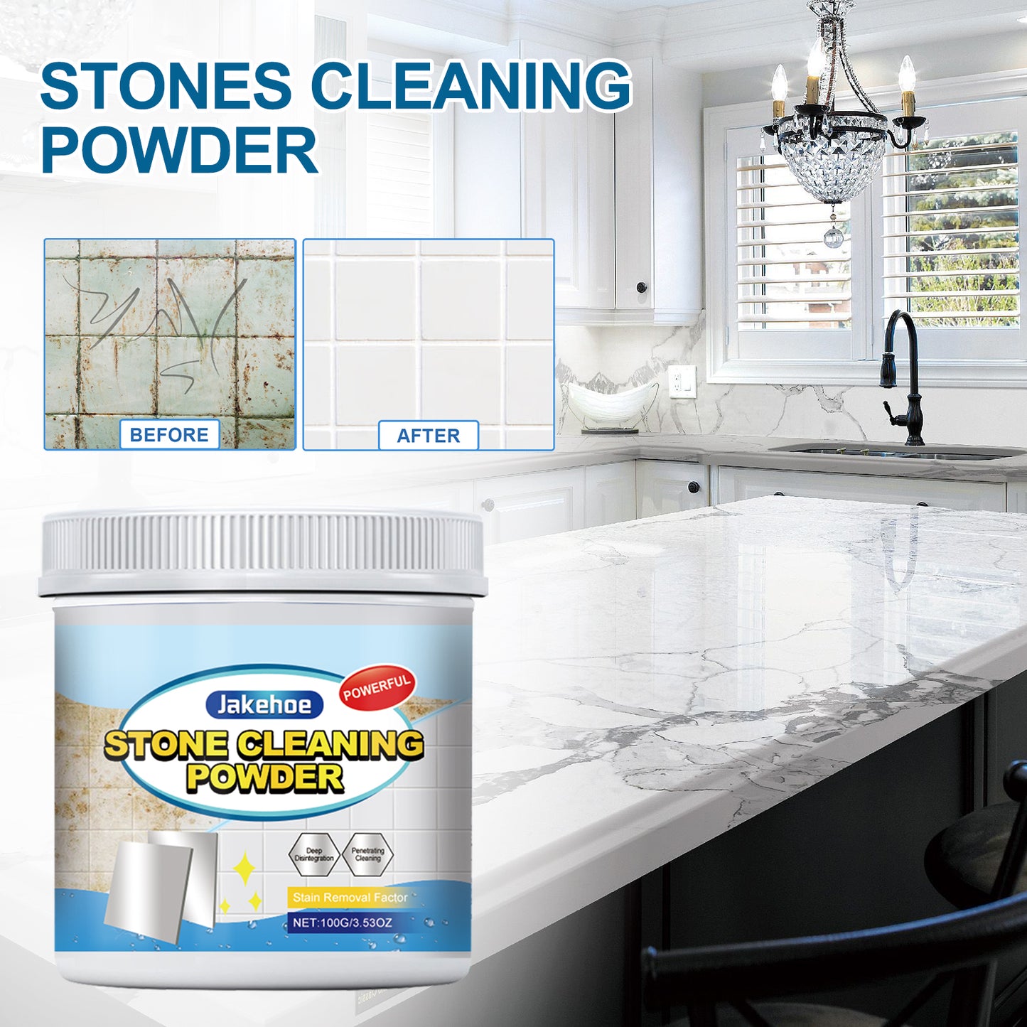 Stones Cleaning Powder, Kitchen Countertop Marble Tile Cleaning Oil Stain Removal Polishing Powder