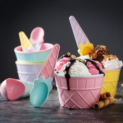 5321  ICE CREAM BOWL & Spoon Set PLASTIC SOLID COLOUR CREAM CUP COUPLE BOWL WITH SPOON. ICE CREAM SPOON & BOWL SET, 12 PC SET OF ICE CREAM BOWL & SPOON (MULTI COLOR)