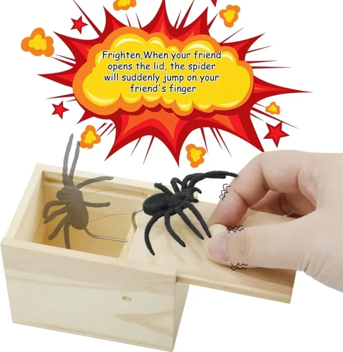 Spider Scare Prank Box Pop Out Rubber Spider Handmade Wooden Scare Box Fun Surprise Joke Prank Trick Toy for Kids Halloween Gift 2