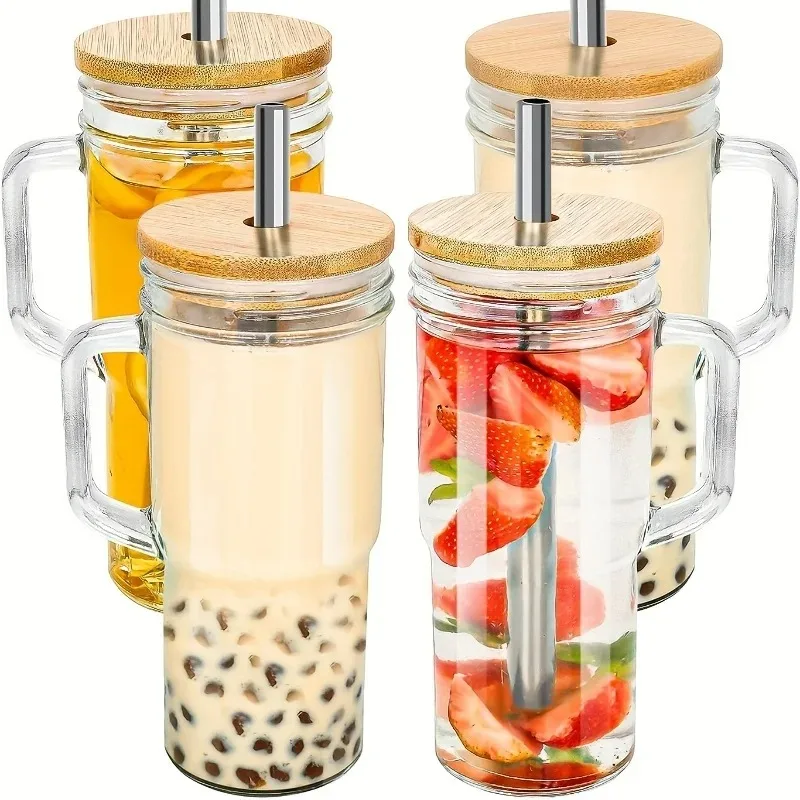 Trending 750ML Transparent Glass Cup with Wooden Lid and Straw – Ideal for Bubble Tea, Coffee, Juice, Milk, and More